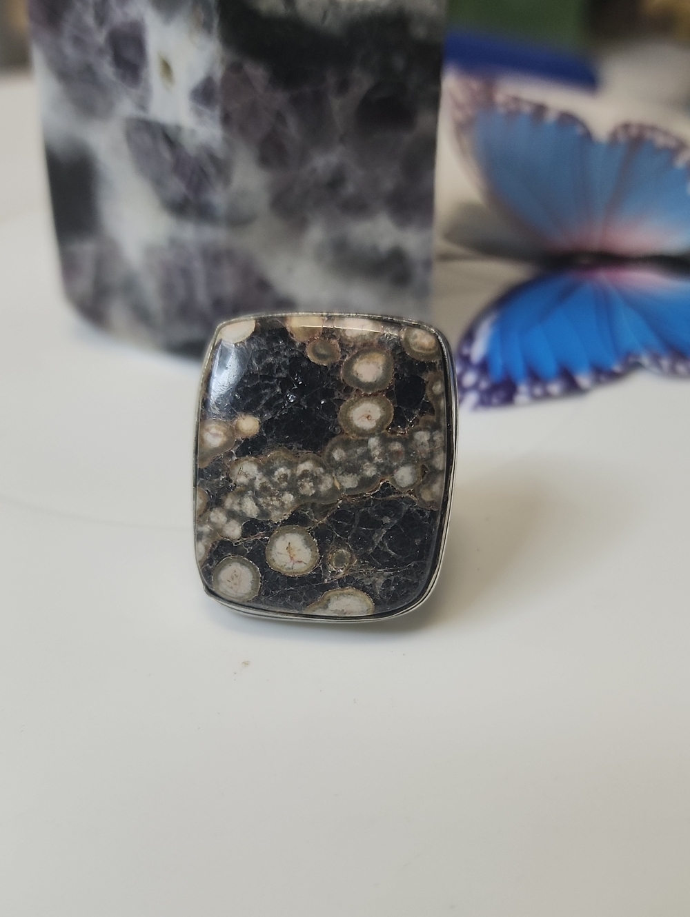 Black and Cream Ocean Jasper Statement Ring